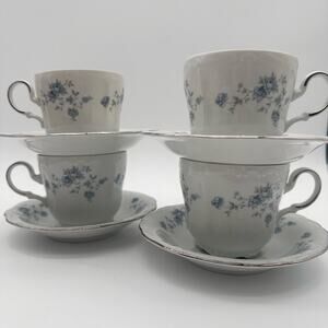 Johann Haviland Bavaria Germany Blue Garland Bone china Four Cup Saucer SET EUC